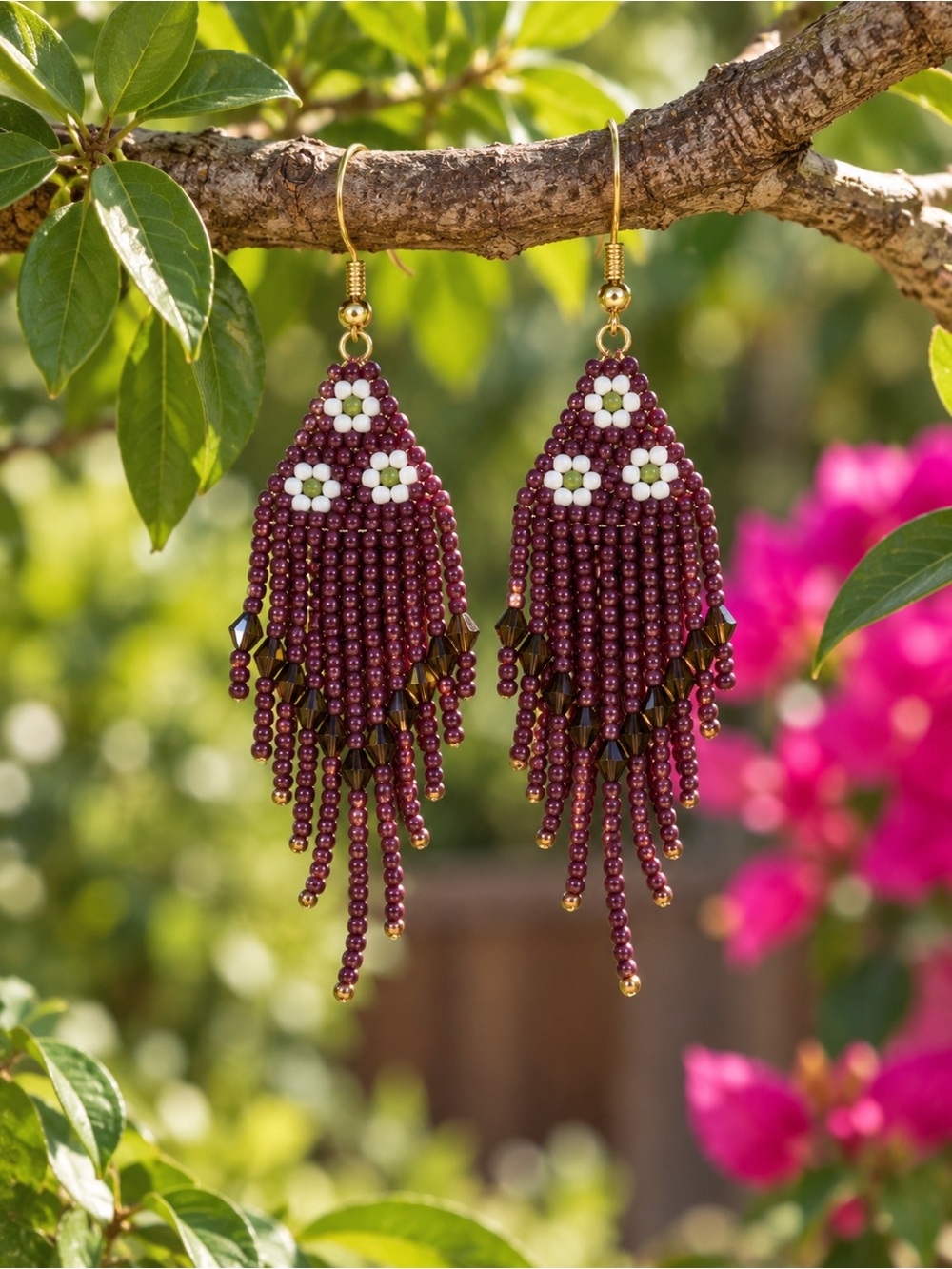 Handmade Plum Beaded Fringe Earrings with White Flower Accents